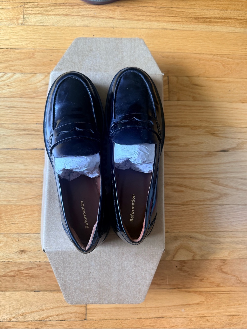 Reformation Black Patent Leather Penny Loafers